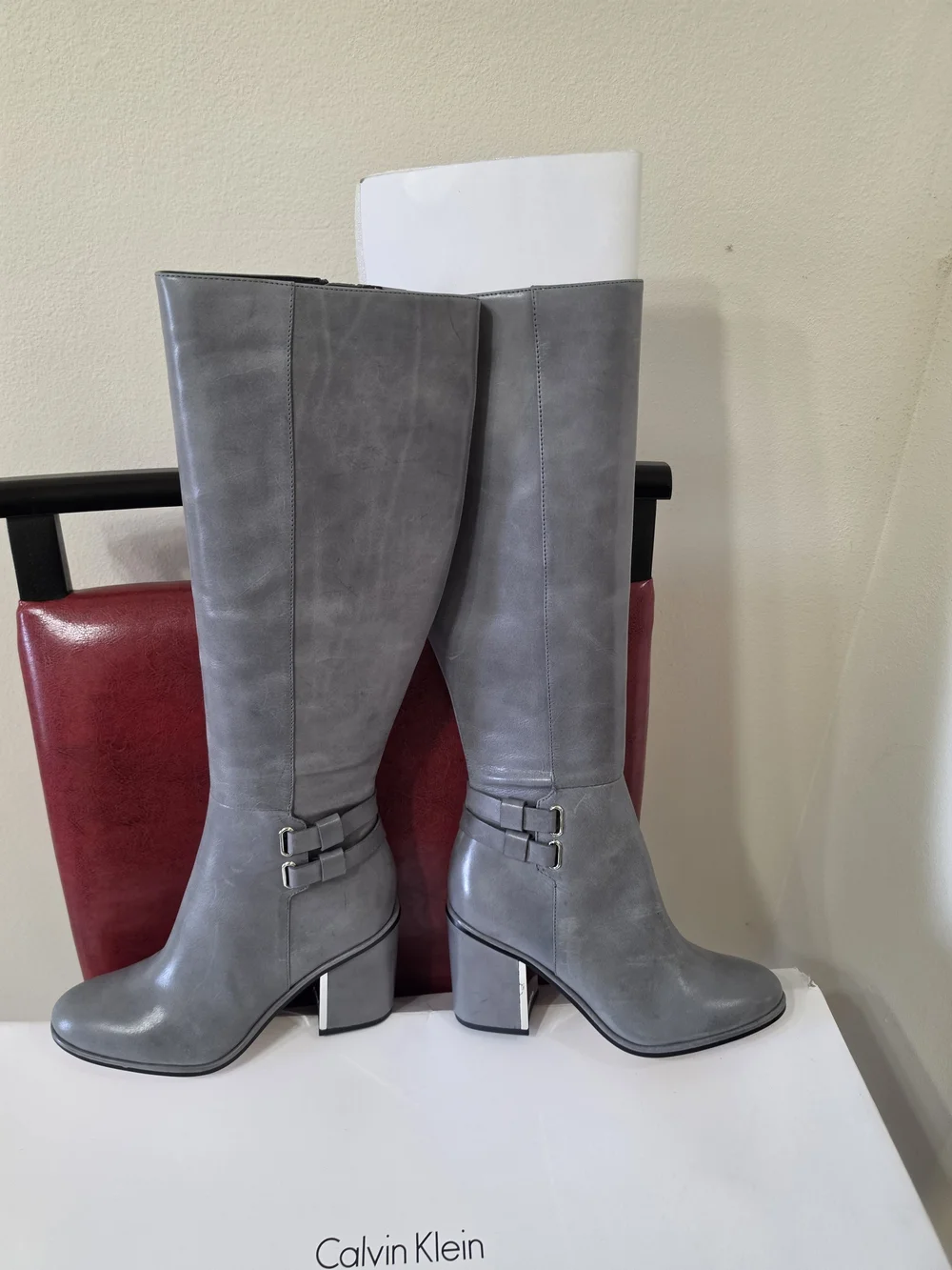 Calvin Klein Gray Knee-High Leather Boots